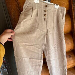 LOFT High-Waisted Button-Fly Tan Pleated Trousers